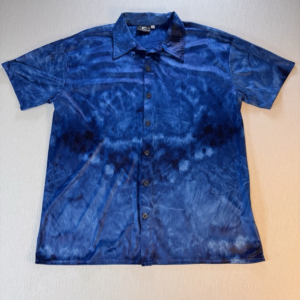 Vintage POSITANO Men's Club Rave Slim Shirt Y2K 90 Metallic Tie-dye Blue USA  XL